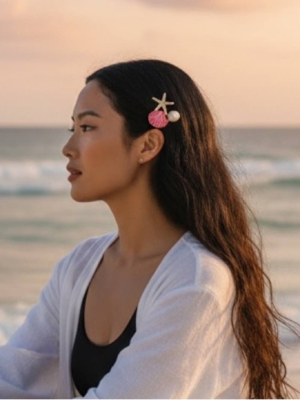 Pearl Enamel Seashell Starfish Accent Hair Clip (Set of 2)